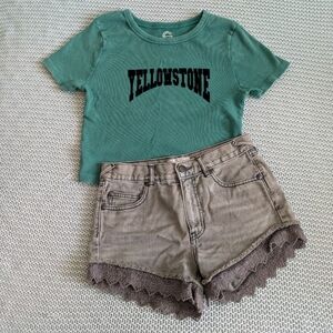 Free People Boho Crochet Denim Shorts Smoke Grey Sz 24